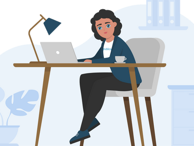 Cassia, fiktive Mitarbeiterin von Publica, sitzt vor Laptop